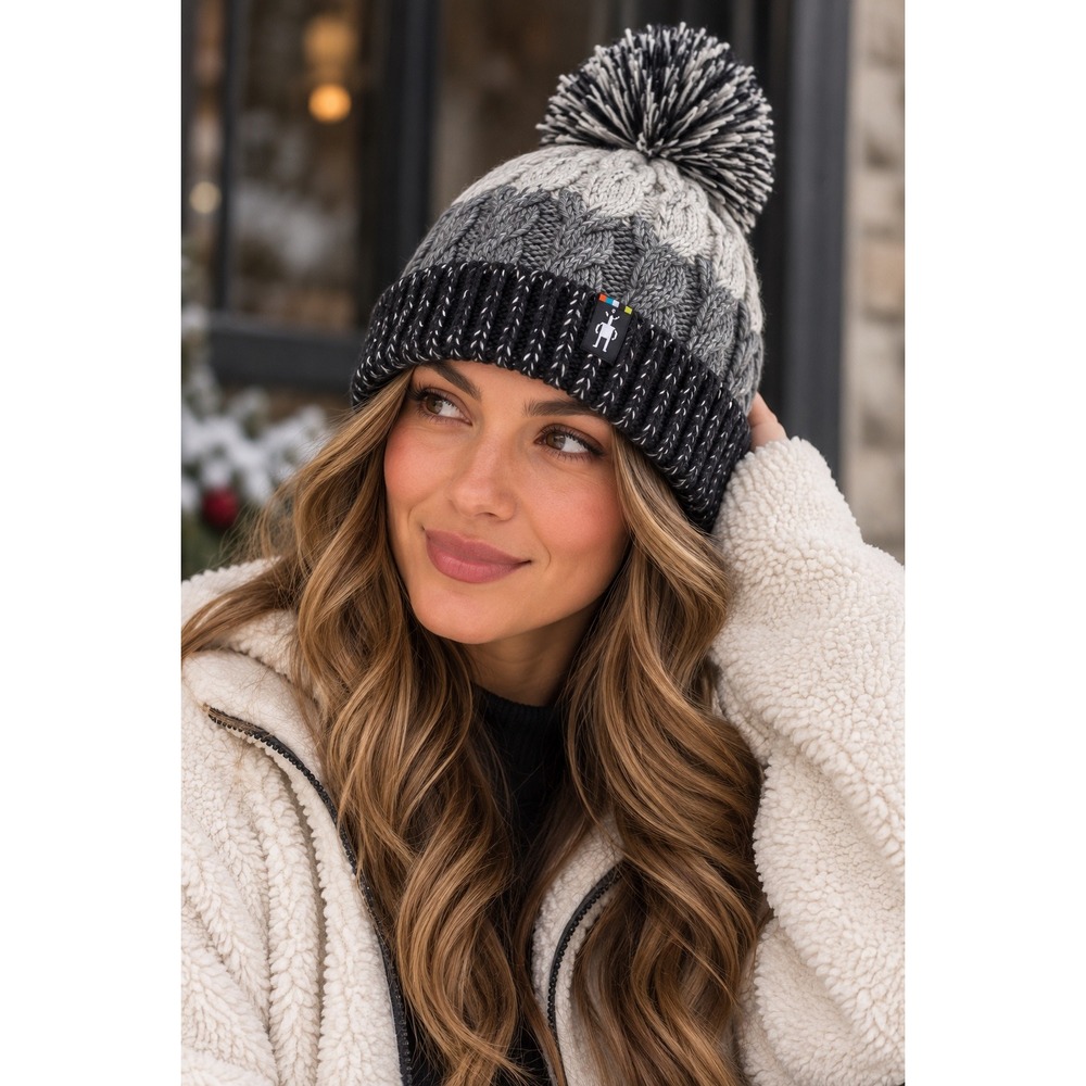Smartwool Merino Wool Isto Retro Beanie Black Gray Cable Knit Pom Hat Gorpcore